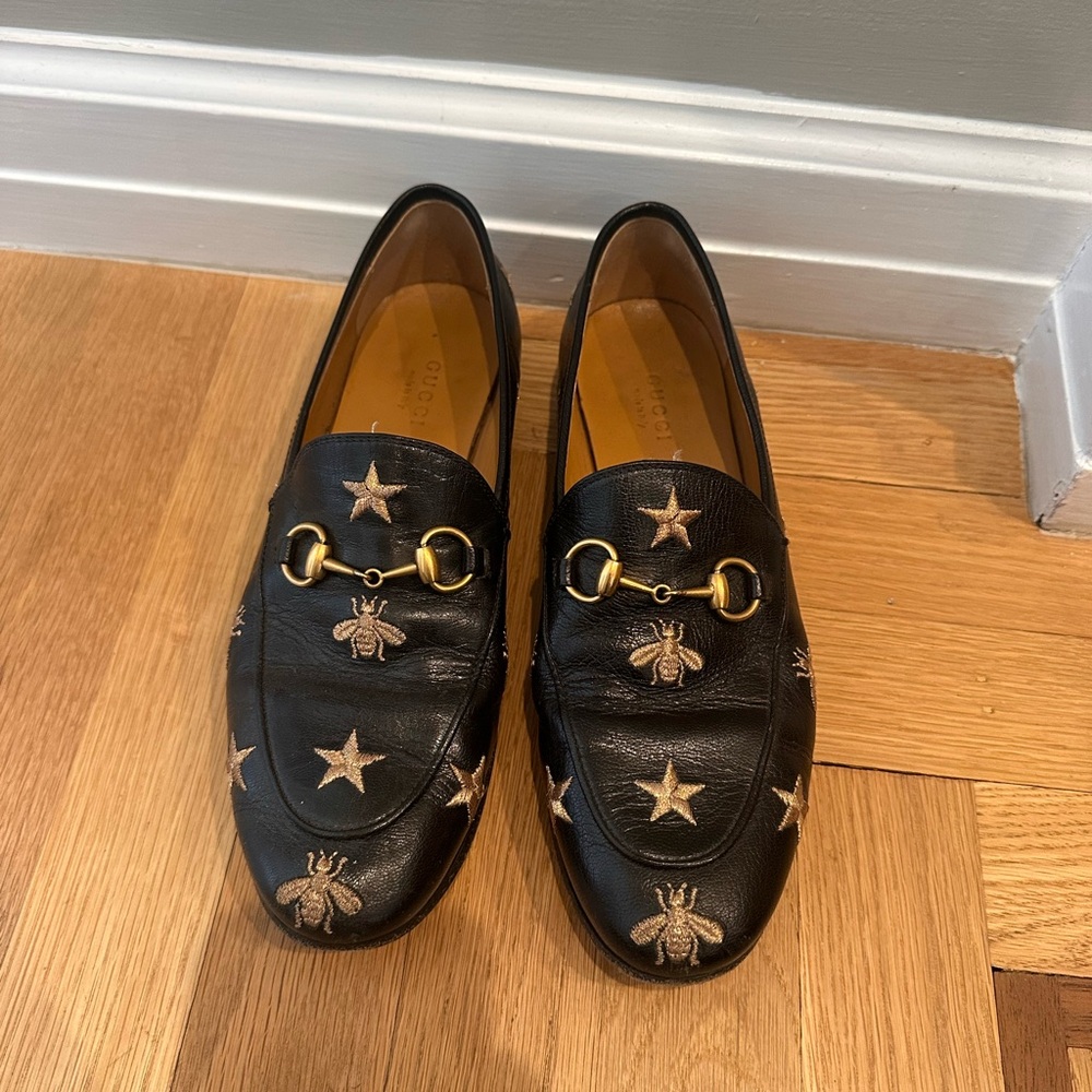 Gucci Black Loafers with Gold Star and Bee Embroidery